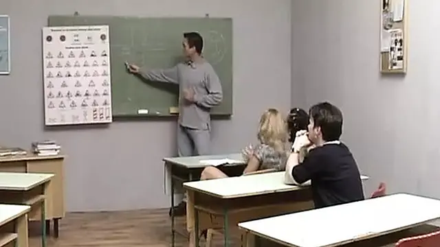 Two German students seduced by a teacher and a classmate in a forbidden classroom encounter