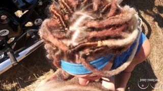 Outdoor footjob and blowjob with dreadlocks girl  Cum on the face