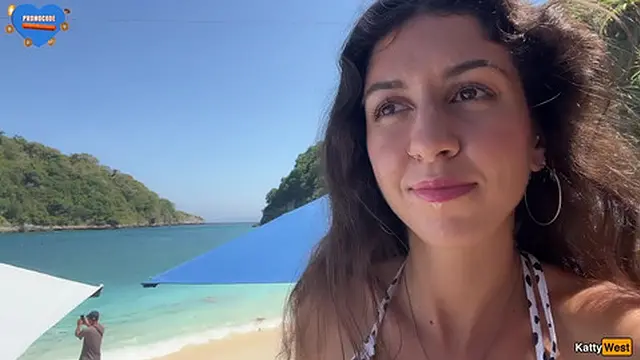 Strangers watch as I let thick load drip down my face at the beach