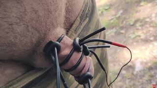 Electro device fucked my cock  Much sperm in outdoors