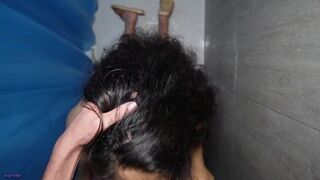 My milf neighbor sucks my cock secretly in the bathroom, she deepthroats, cum on her face and tits