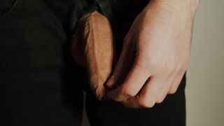Thick uncut dick growing in black jeans  Natural foreskin  Cum on black plate