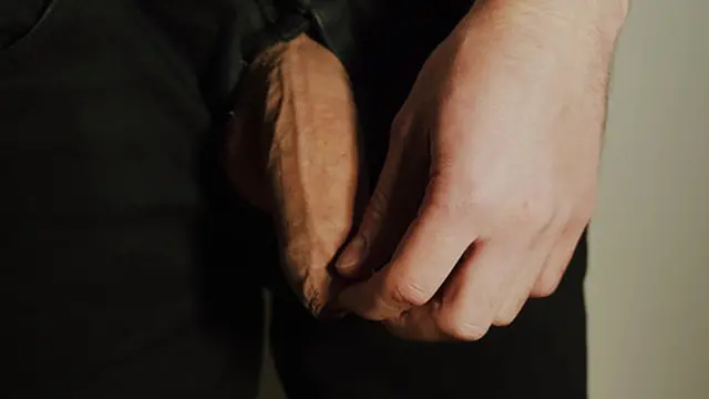 Thick uncut dick growing in black jeans  Natural foreskin  Cum on black plate