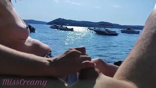 French Milf Handjob Amateur on Nude Beach public in Greece to stranger with Cumshot - MissCreamy porn