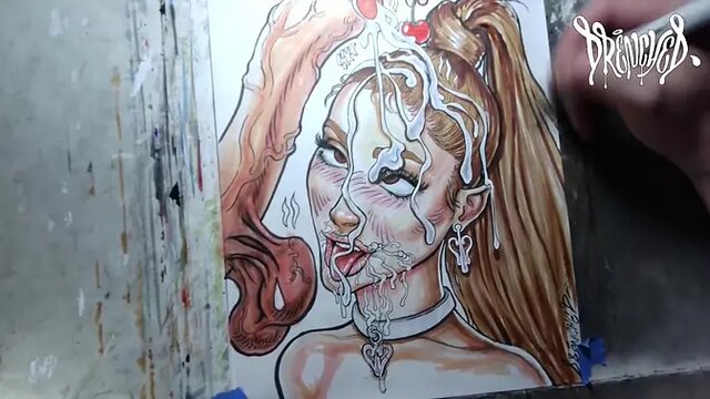 Celebrity cartoon drawing with ponytail gets facial from big uncut cock