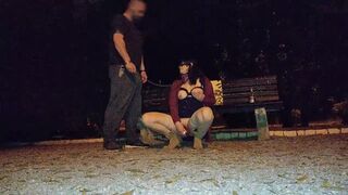 Hot mother in law training in public with dog leash having big orgasm with dildo