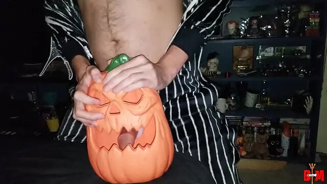 Wearing a Jack skeleton onesie, and fucking my jack-o-lantern sextoy! Happy Halloween 2024