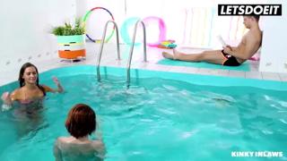 Poolside lesbian tryst turns threesome with brutal cock🍆 invasion