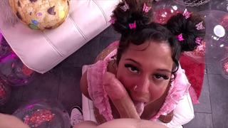 Dark chick's sloppy blowjob destroys stepbro's sanity before spewing semen on her flawless mug